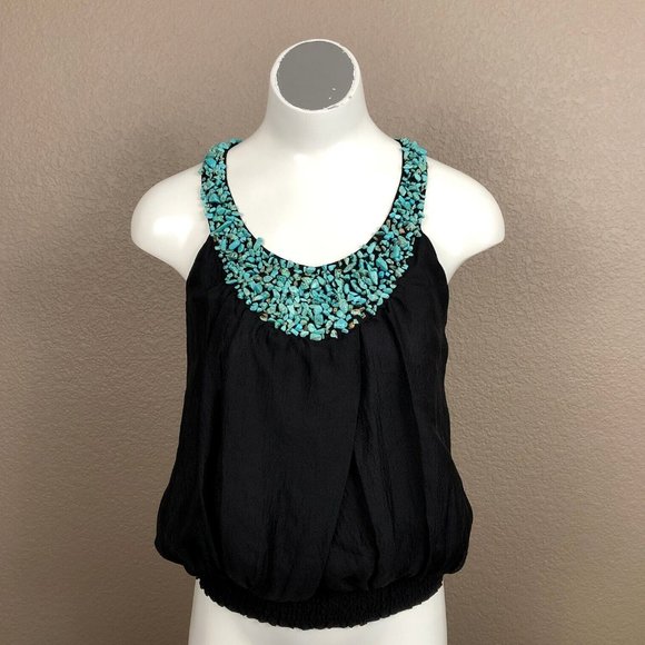 Bebe Black Silk Hand Sewn Turquoise  Nugget Elastic Hem Top Sz S Pre-Own… - Picture 1 of 7